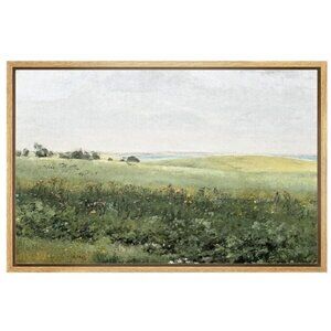 Framed Canvas Landscape Painting Print - Green Meadow  Flowers Painting 16 x 24